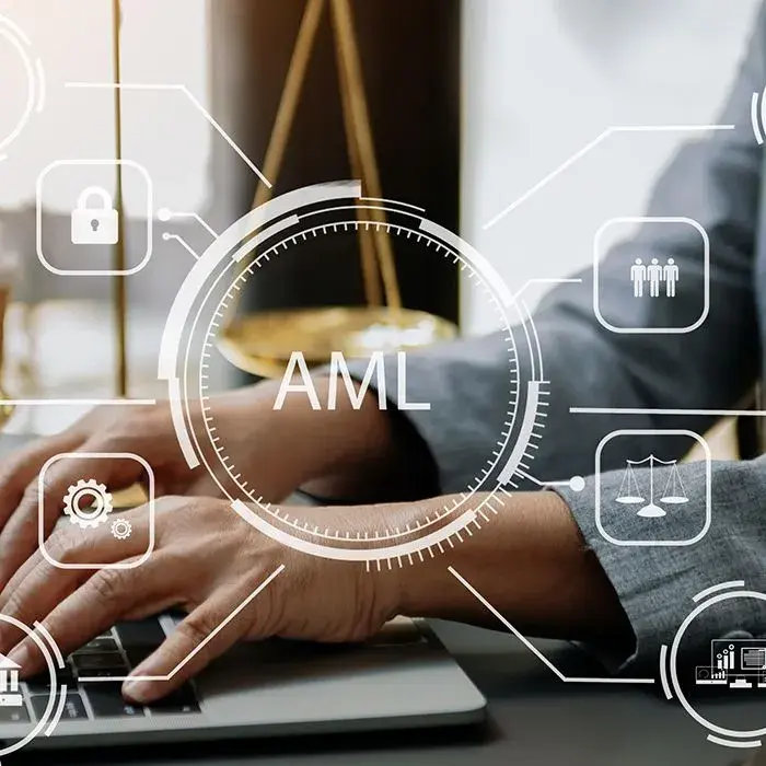 Persona al computer e simboli relativi all'antiriciclaggio