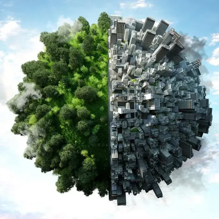 rappresentazione del mondo suddiviso tra parte green (quindi alberi e natura) e parte business (quindi smog, grattacieli)